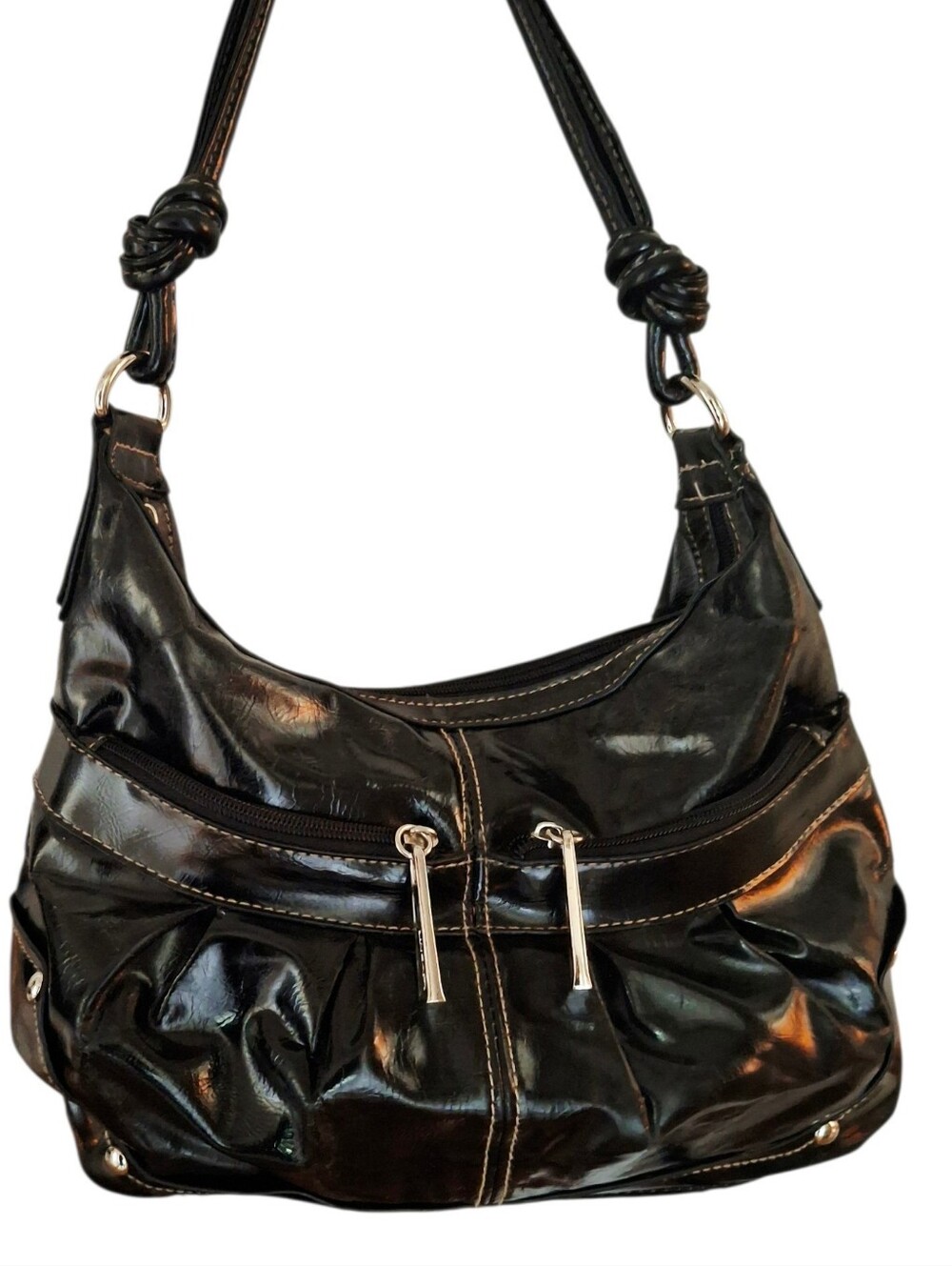 Linear Black Crinkle Faux Patent Leather Hobo Bag
